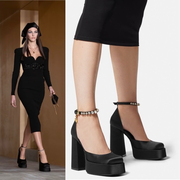 Versace Medusa Aevitas Satin Platform Pumps Heel Shoes Size 38 Retail $1450 EUC